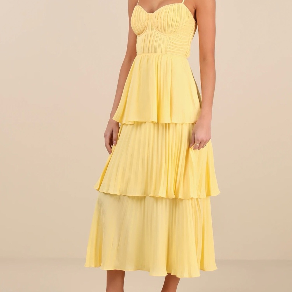 Lulu's Pale Yellow Tiered Midi Dress Easter Spring dress